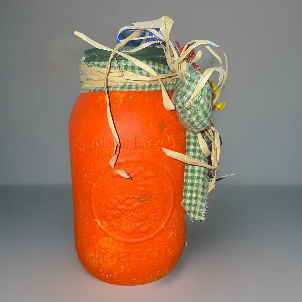 VTG Halloween Pumpkin Glass Handpainted‎ Candle Holder Mason Jar